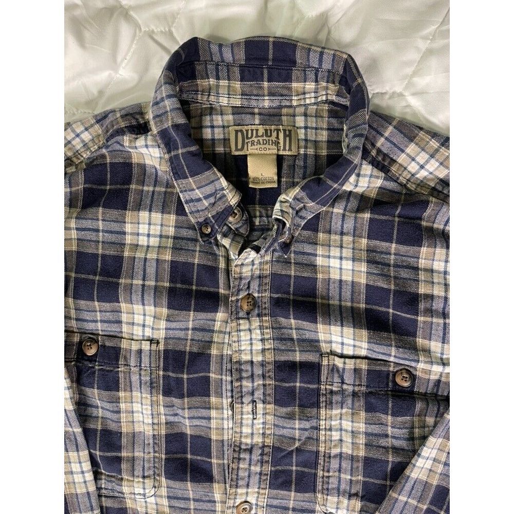 Duluth Shirt Mens Large Blue Tan White Plaid‎ Long Sleeve Flannel
